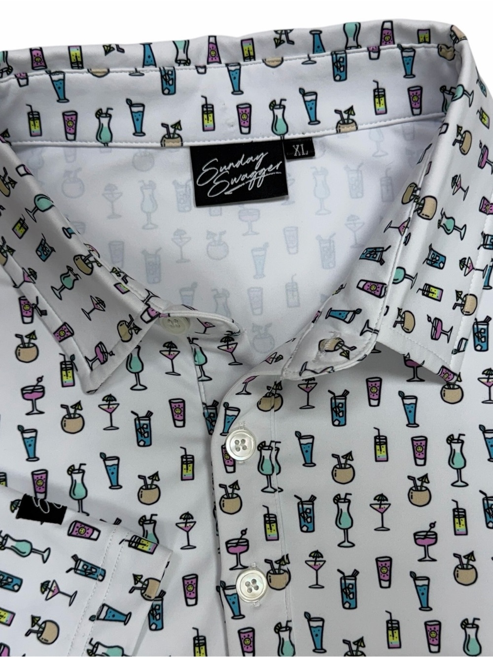 Sunday Swagger Polo Shirt Men XL White Cocktail Drink Print Golf Performance AOP